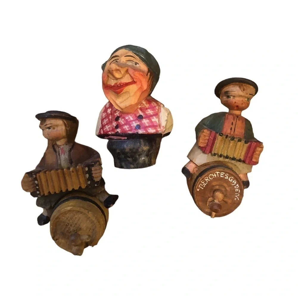 VTG Hard~Carved Set of 3 German Wine Cork Toppers Wood 3” Wine Tasting Colorful